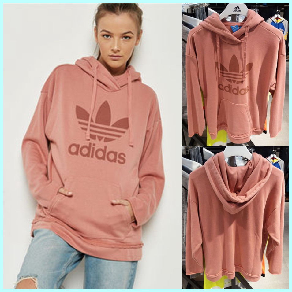 Adidas BR9304 Women Original Trefoil Hoodie LS Shirts Pink Fleece Tubular Chicago Raw Edge Hoody