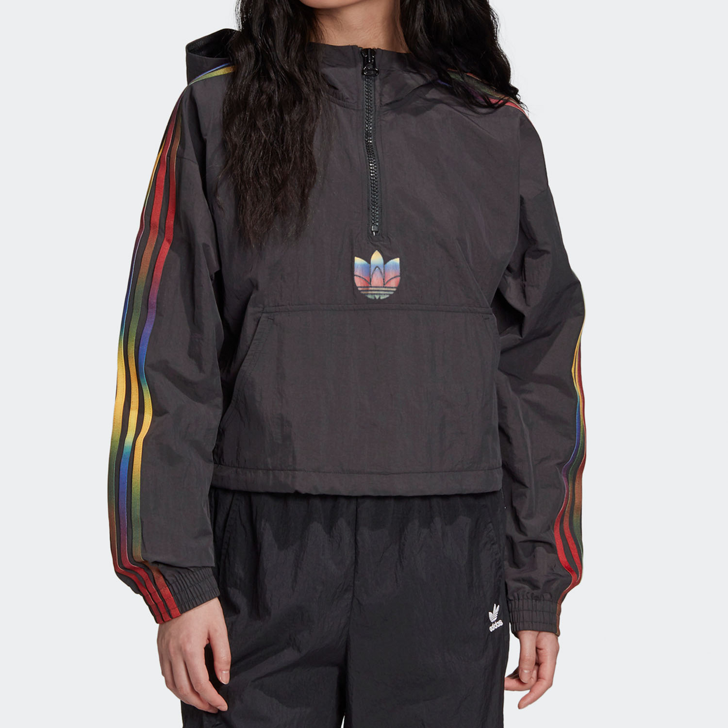 Adidas Originals Womens Hoodie Black GD2262 Adicolor Half-Zip Crop Top