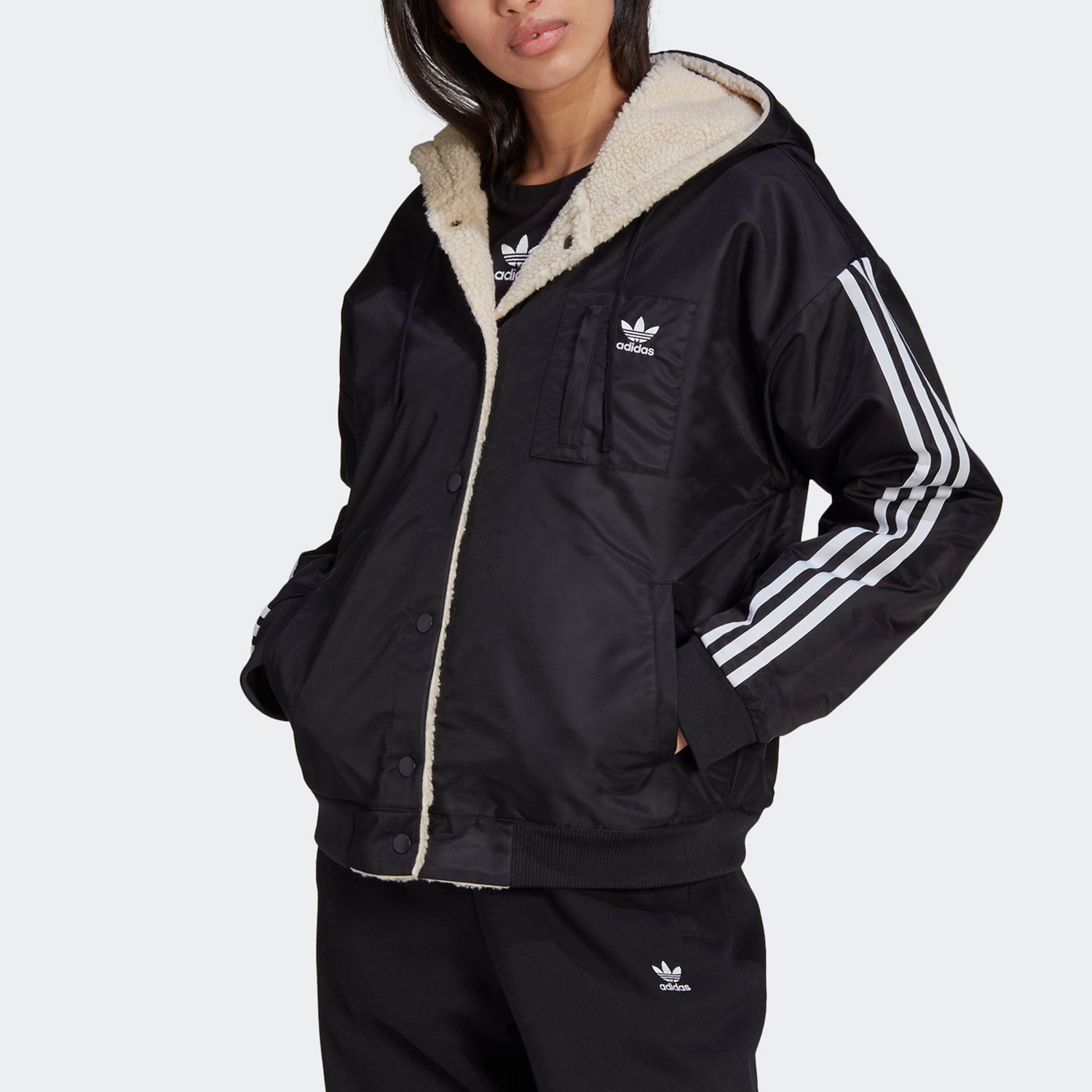 Adidas Originals Sherpa Jacket Lamb Wool Reversible Sports Hooded Jacket Black H39019